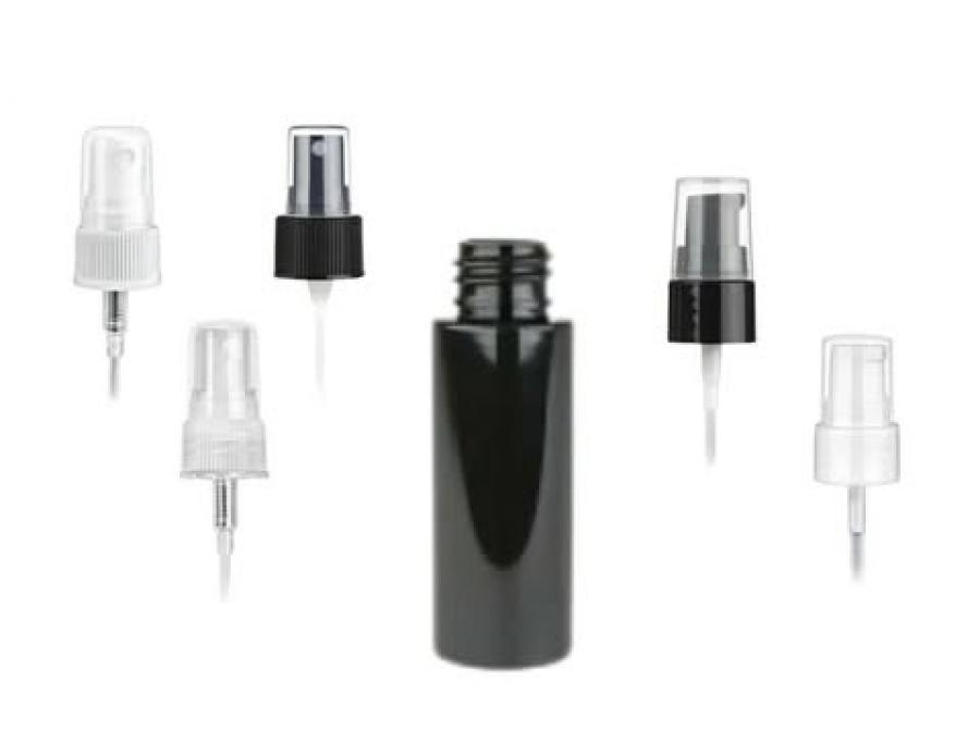 1 oz. Black 20-410 Cylinder Round PET (BPA Free) Opaque Shiny Plastic Bottle-FM Sprayer or Treatment Pump
