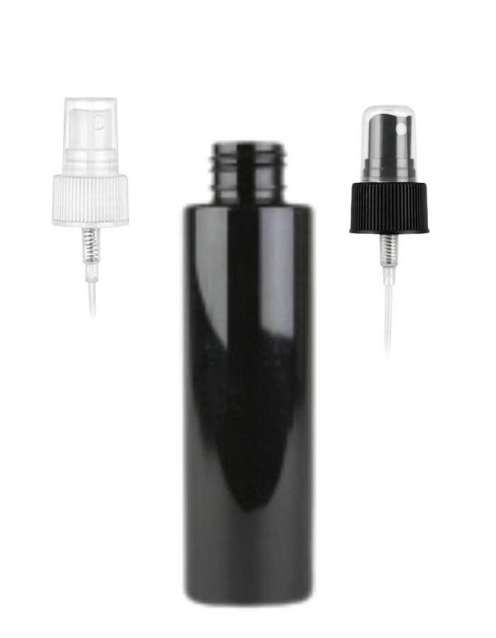 8 oz. Black Shiny 24-410 PET Plastic Cylinder Round Bottle-FM Sprayer