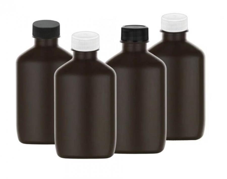 2 oz. Brown Dark Opaque HDPE 20-400 Plastic Oblong Bottle-Tincture-Blk-Wh CT Cap