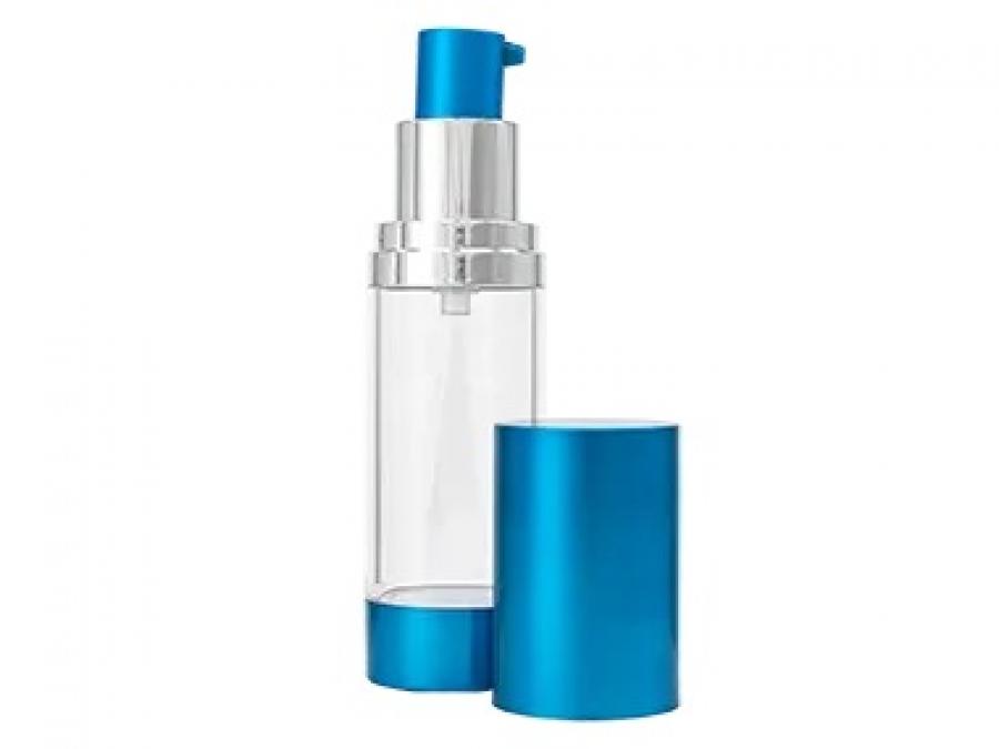1 oz.-30mm Clear-Blue-Silver Airless Cylinder Round 20mm Other Plastic Bottle-Blue Actuator-Metal Shelled Overcap