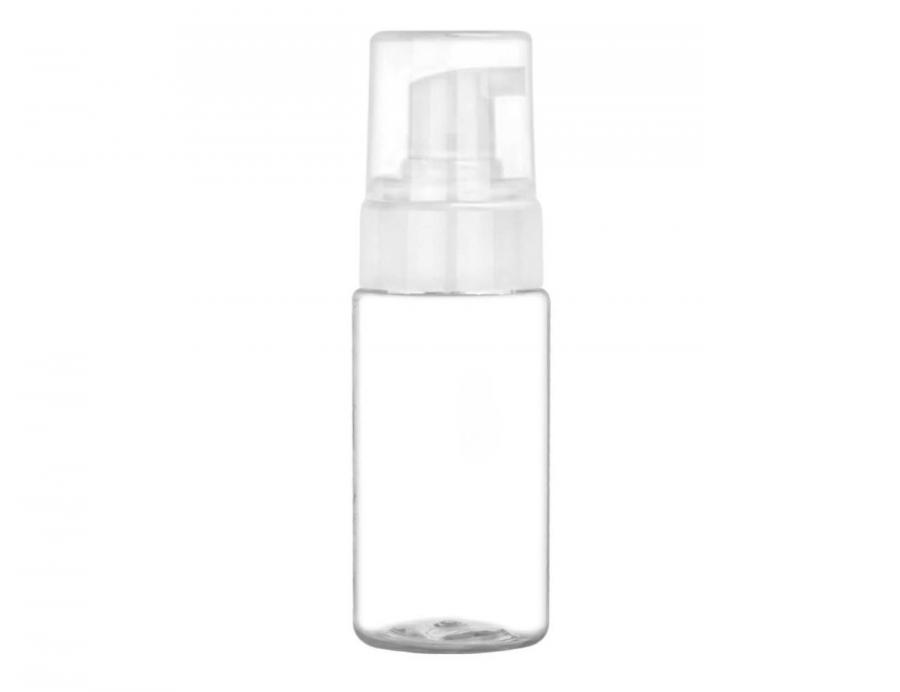3.33 oz. Clear PET Cylinder Round (100ml) 43mm Plastic Bottle-White Foamer-Clear Hood