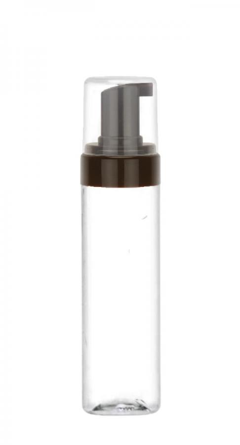 7 oz. (210 ml) Clear 43 MM Cylinder Round PET BPA Free Plastic Bottle-Black Foamer-7 3/8 in. DT-Clear Hood
