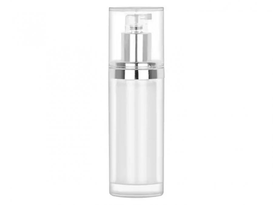 1 oz.-30mm Frosted-White Airless Cylinder Round 18-410 Other Plastic Bottle-Overcap- PP Plastic Silver Natrual Pump