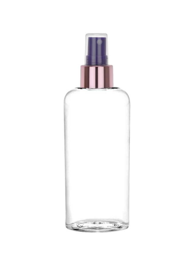 6 oz. Clear 24-410 PET (BPA Free) Plastic Tapered Cosmo Oval Bottle-Metal Shell FM Sprayer