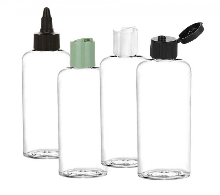 6 oz. Clear 24-410 PET (BPA Free) Plastic Tapered Cosmo Oval Bottle-Dispensing Cap