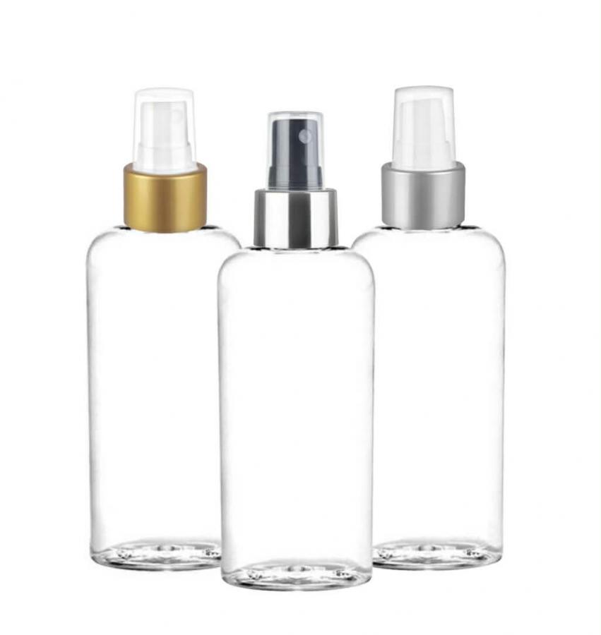 6 oz. Clear 24-410 PET (BPA Free) Plastic Tapered Cosmo Oval Bottle-Gold-Silver Metal Shell FM Sprayer
