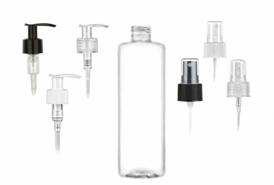 8 oz. Clear 24-410 PET (BPA Free) Plastic Cylinder Round Bottle-FM Sprayer or LU 1.2 CC Pump (King)
