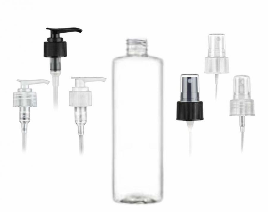 8 oz. Clear 24-410 PET (BPA Free) Plastic Cylinder Round Bottle-FM Sprayer or LD 2 CC Pump (King)