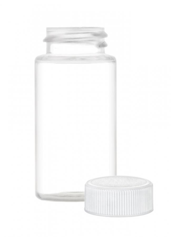 .67 oz. (2/3 oz) (20 ml) Clear 22-400 Round PET Plastic Bottle w/ White Non Dispensing Cap w/ Liner