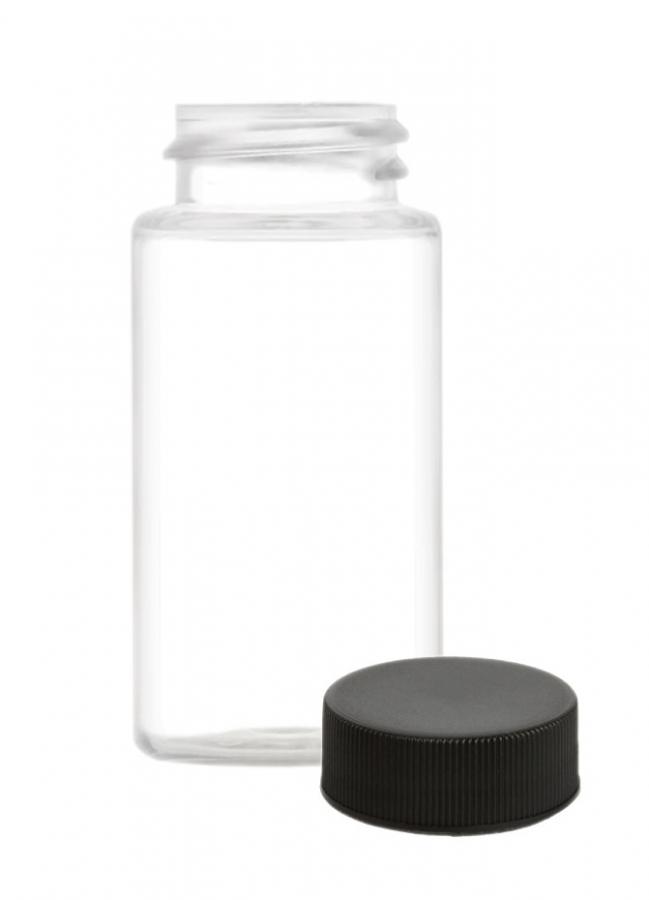 .67 oz. (2/3 oz) (20 ml) Clear 22-400 Round PET Plastic Bottle w/ Black Non Dispensing Cap w/ Liner