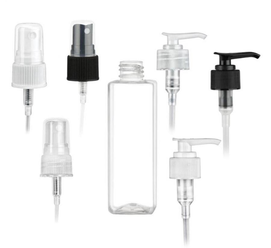 8 oz. Clear 24-410 PET (BPA Free) Plastic Square Bottle w/ FM Sprayer or 2 CC Pump (Stock Item)