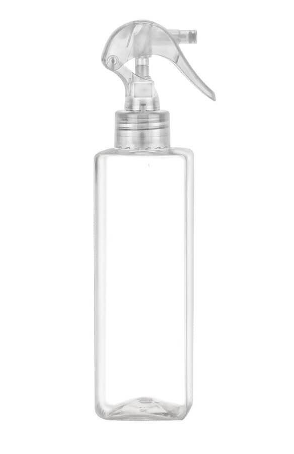 8 oz. Clear 24-410 PET (BPA Free) Plastic Square Bottle-Mini Trigger