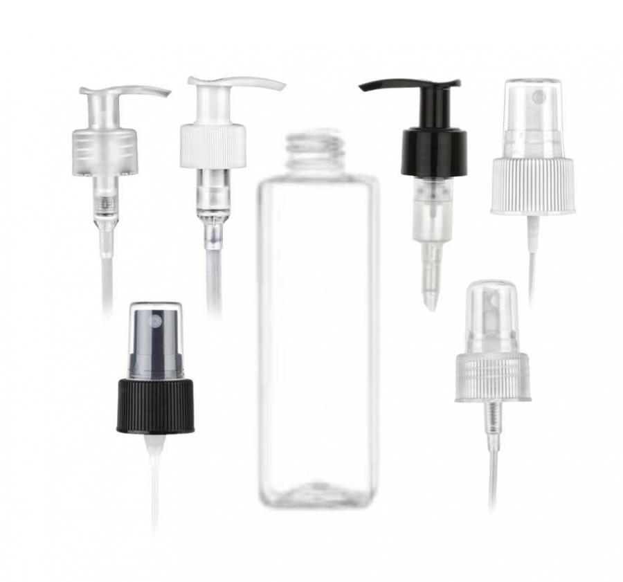 8 oz. Clear 24-410 PET (BPA Free) Plastic Square Bottle-FM Sprayer or 1.2 CC OP Pump (Stock)