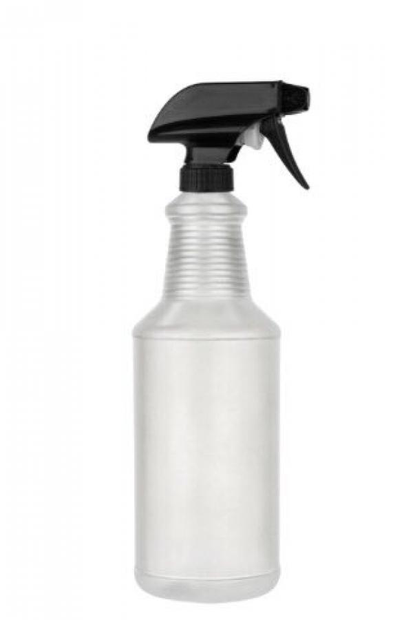 32 oz. Natural Round Carafe Style HDPE 28-400 Trigger Semi-Opaque Plastic Bottle-Black Mixor-1 Trigger Sprayer