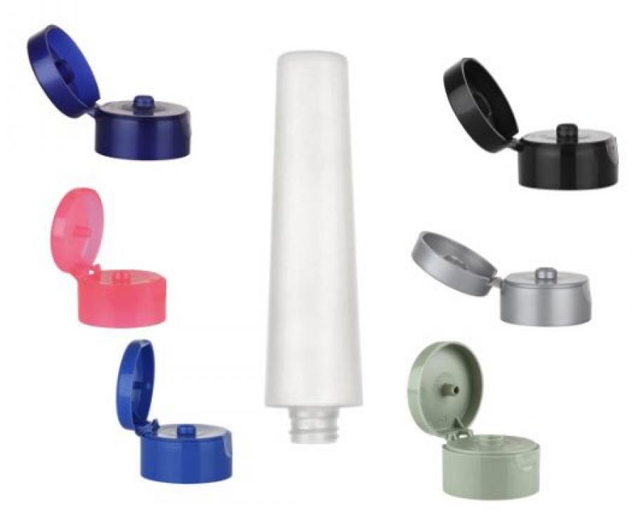 3.33 oz. Natural 22-410 Semi-Opaque Plastic 100 ml Tottle Bottle with Colored Dispensing Cap