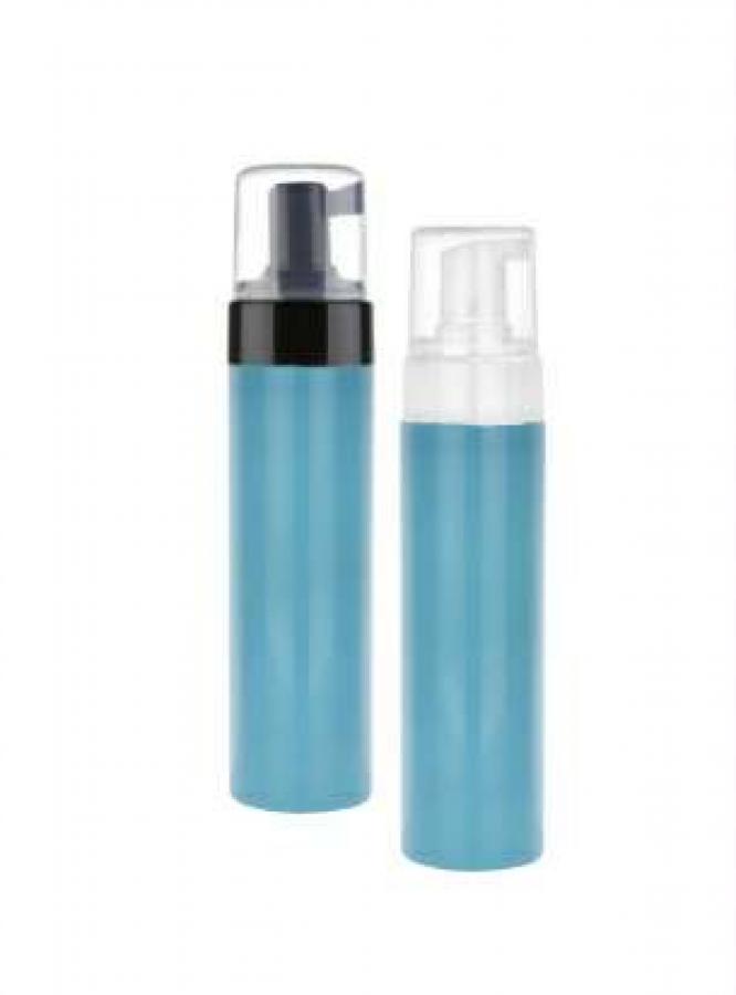 7.5 oz. Blue Ocean Shiny PET 43 MM Opaque (225 ml) Cylinder Round Plastic Bottle-Foamer Pump-Clear Hood