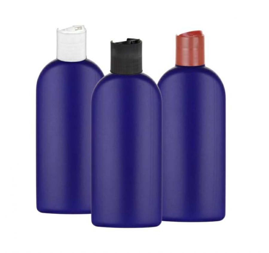 8 oz. Blue Dark Oval HDPE 24-410 Plastic Bottle-Dispensing Cap