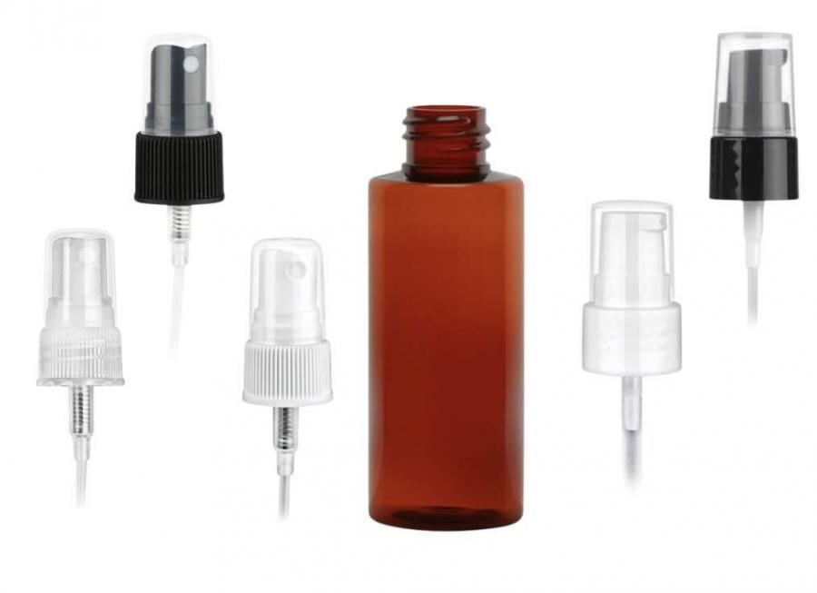 2 oz. Amber Dark 20-410 PET (BPA FREE) Plastic Cylinder Round Bottle-FM Sprayer or Treatment Pump