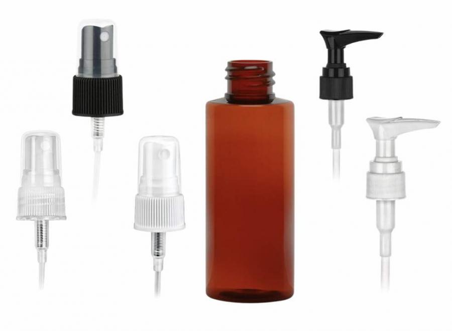 2 oz. Amber Dark 20-410 PET (BPA FREE) Plastic Cylinder Round Bottle-FM Sprayer or Lotion Pump