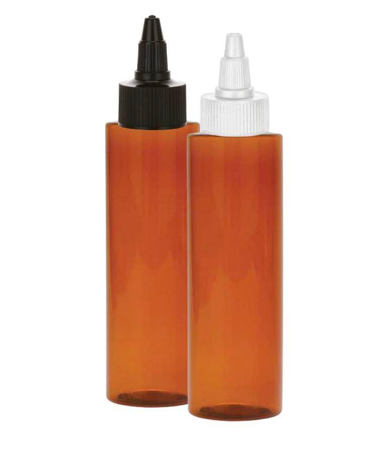 4 oz. Amber Dark Translucent 24-410 PET (BPA Free) PET Plastic Cylinder Round Bottle-Twist Cap-Gasket