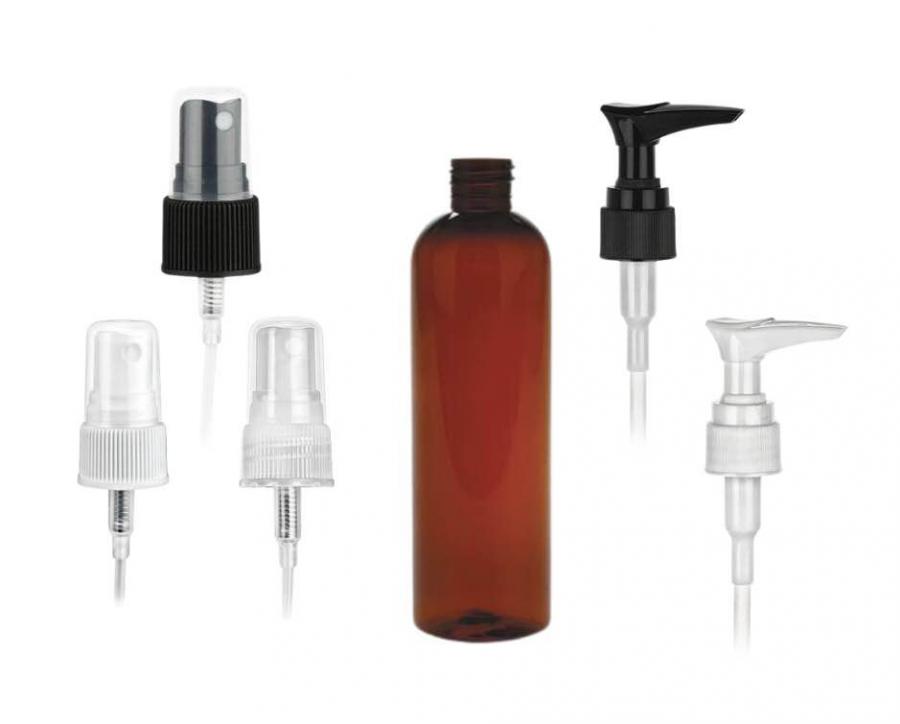 2 oz. Amber Dark 20-410 PET (BPA Free) Plastic Bullet Round Bottle-FM Sprayer or Lotion Pump (Stock)