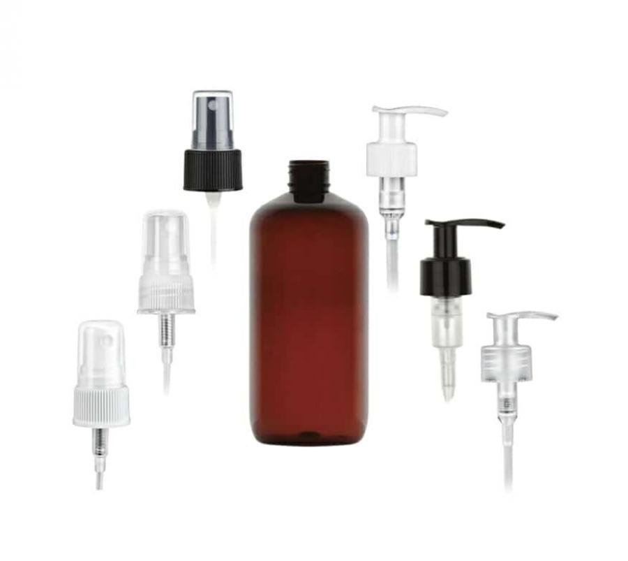 12 oz. Amber Dark Boston Round 24-410 PET Semi-Translucent Plastic Bottle-FM Sprayer or LU 1.2 cc Lotion-Soap Pump