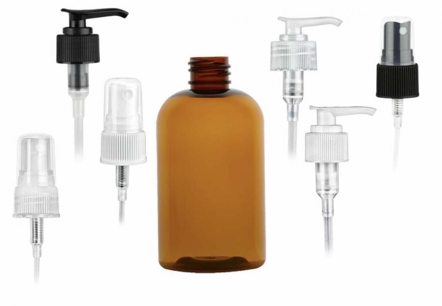 8 oz. Amber 24-410 PET (BPA Free) Plastic Boston Round Bottle-FM Sprayer or 2cc LD Lotion Pump (Stock)
