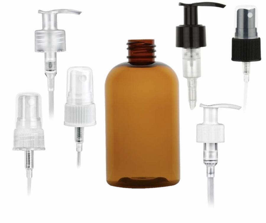 8 oz. Amber 24-410 PET (BPA Free) Plastic Boston Round Bottle-FM Sprayer or 1.2 cc  LU Lotion Pump (Stock)