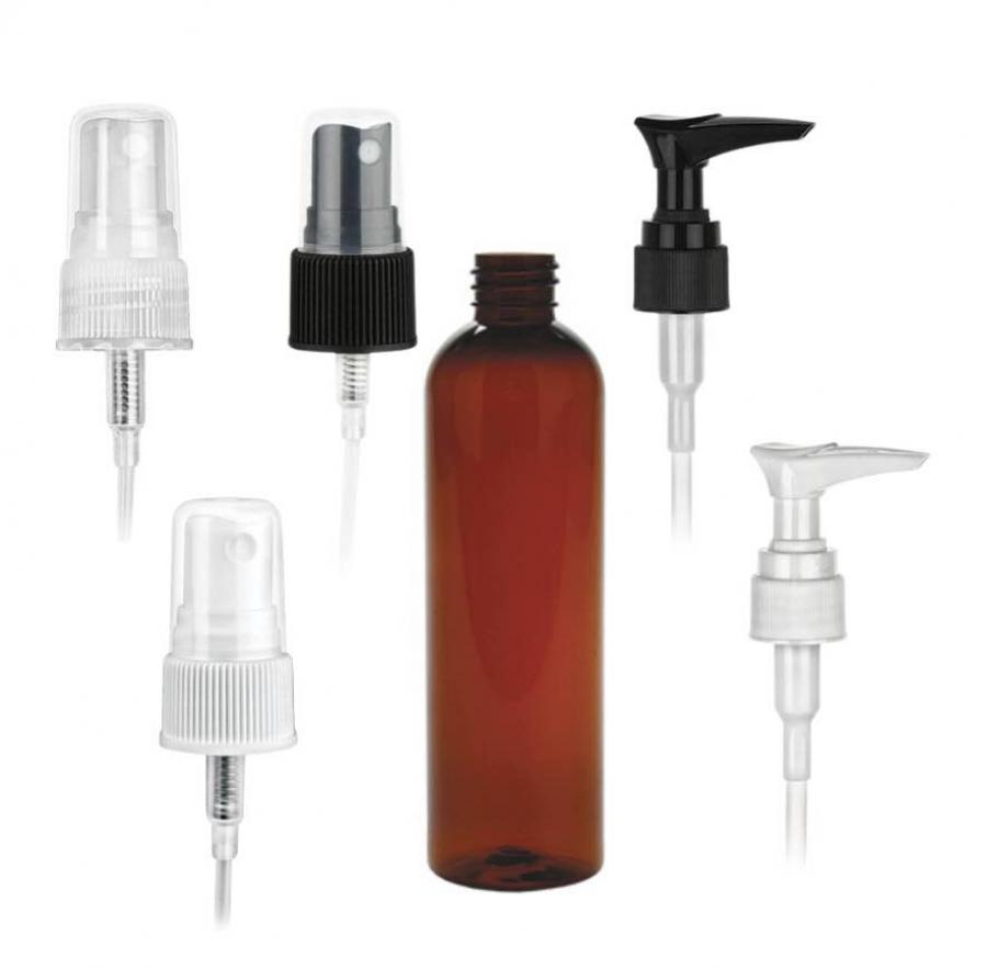 4 oz. Amber Dark 20-410 PET (BPA Free) Plastic Bullet Round Bottle-Lotion Pump or FM Sprayer (Stock)