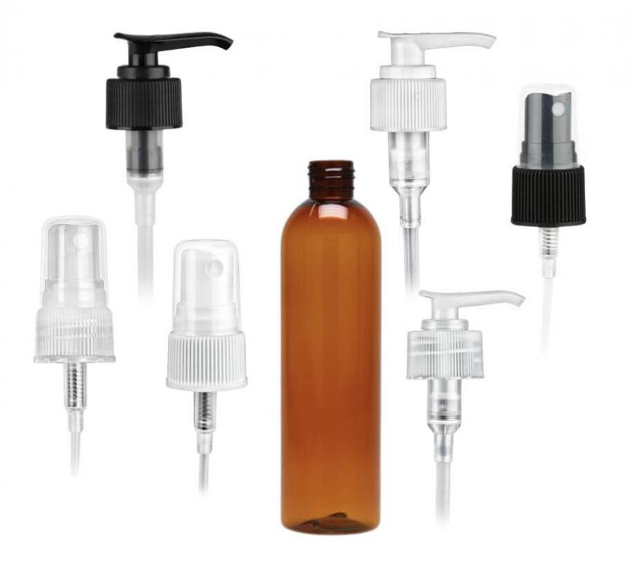 8 oz. Amber 24-410 PET (BPA Free) Semi-Translucent Bullet Round Plastic Bottle-FM Sprayer or 2cc LD Lotion Pump (Stock)