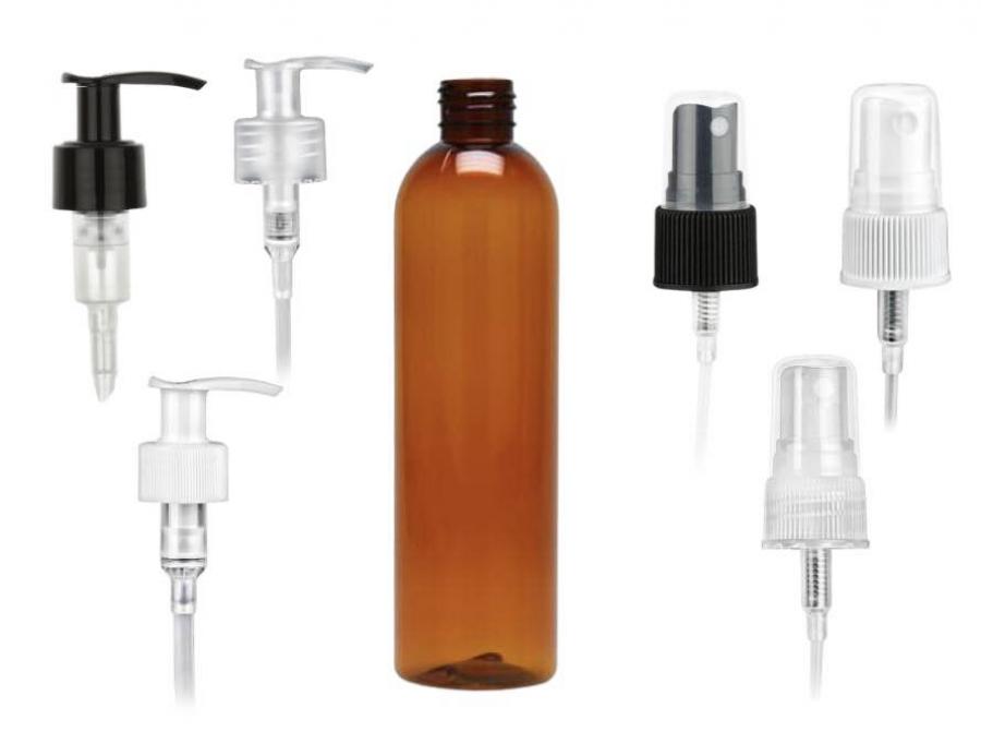 8 oz. Amber 24-410 PET (BPA Free) Semi-Translucent Bullet Round Plastic Bottle-FM Sprayer or 1.2cc LU Lotion Pump (Stock)