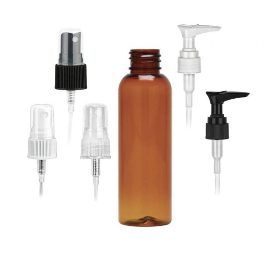 2 oz. Amber 20-410 PET (BPA Free) Plastic Bullet Round Bottle-FM Sprayer or Lotion Pump (Stock)