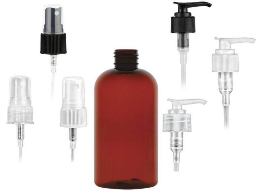 8 oz. Amber Dark 24-410 PET (BPA Free) Plastic Boston Round Bottle-FM Sprayer or 2cc LD Lotion Pump (Stock)