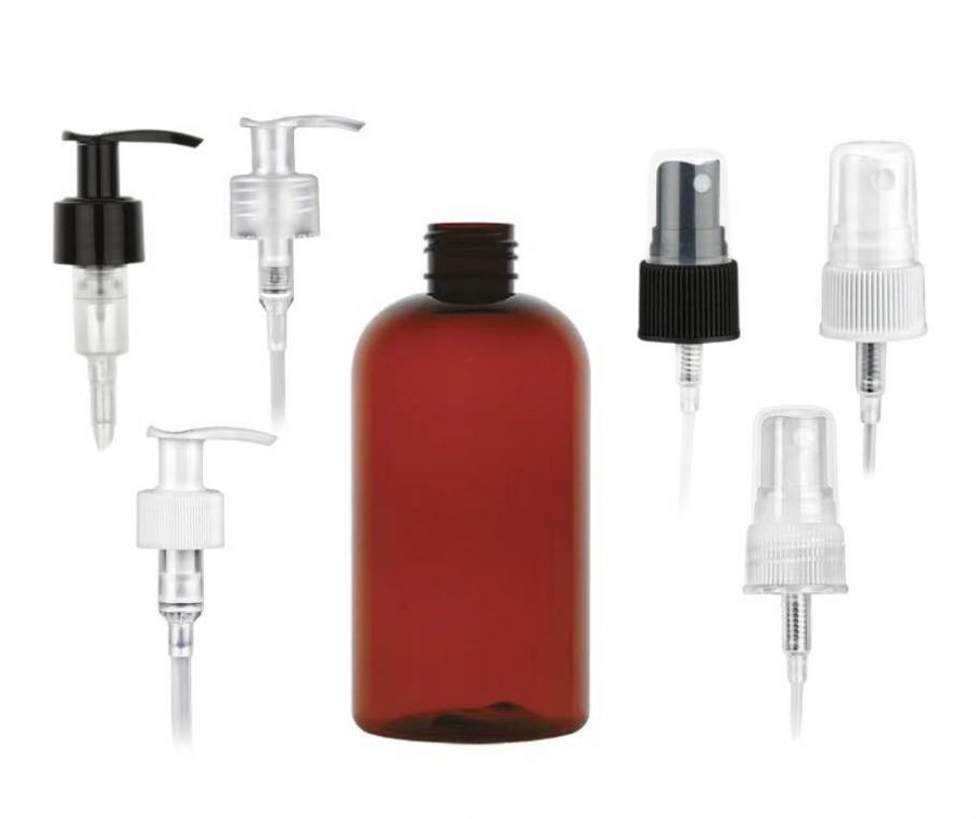 8 oz. Amber Dark 24-410 PET (BPA Free) Plastic Boston Round Bottle-FM Sprayer or 1.2 cc  LU Lotion Pump (Stock)