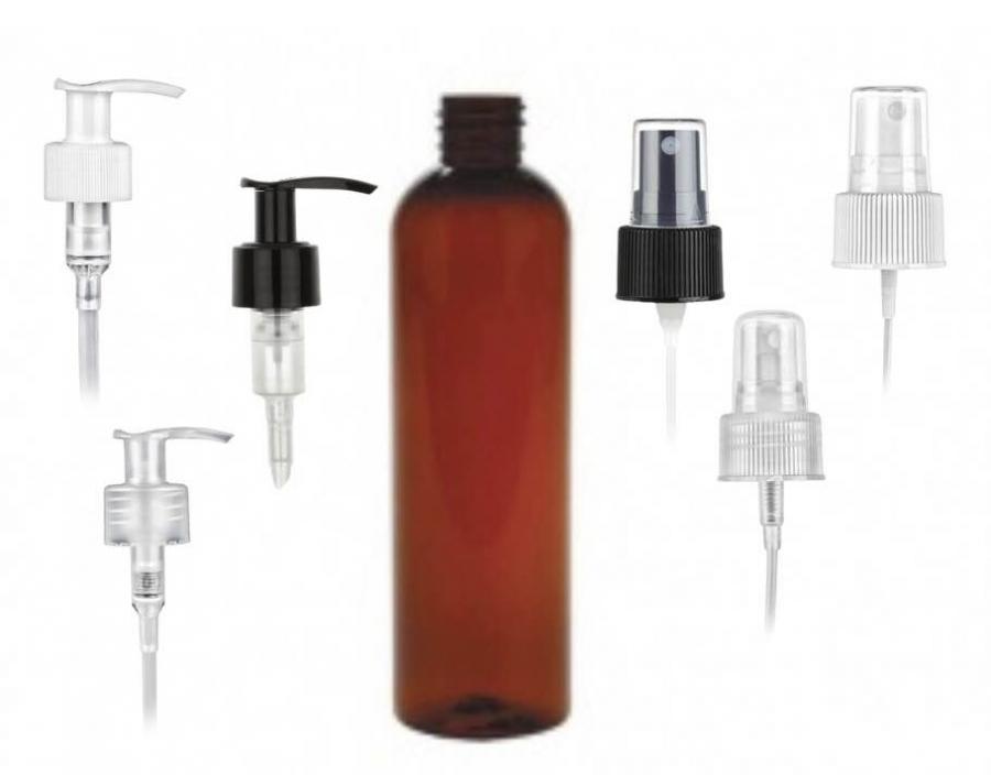 8 oz. Amber Dark 24-410 PET (BPA Free) Semi-Translucent Bullet Round Plastic Bottle-FM Sprayer or 1.2cc LU Lotion Pump (King)