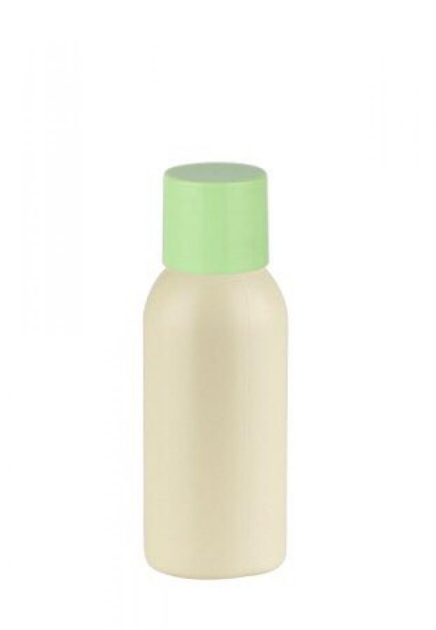 1 oz. Beige 20-415 Opaque HDPE Plastic Bullet Round Bottle-Green Non Dispensing Cap