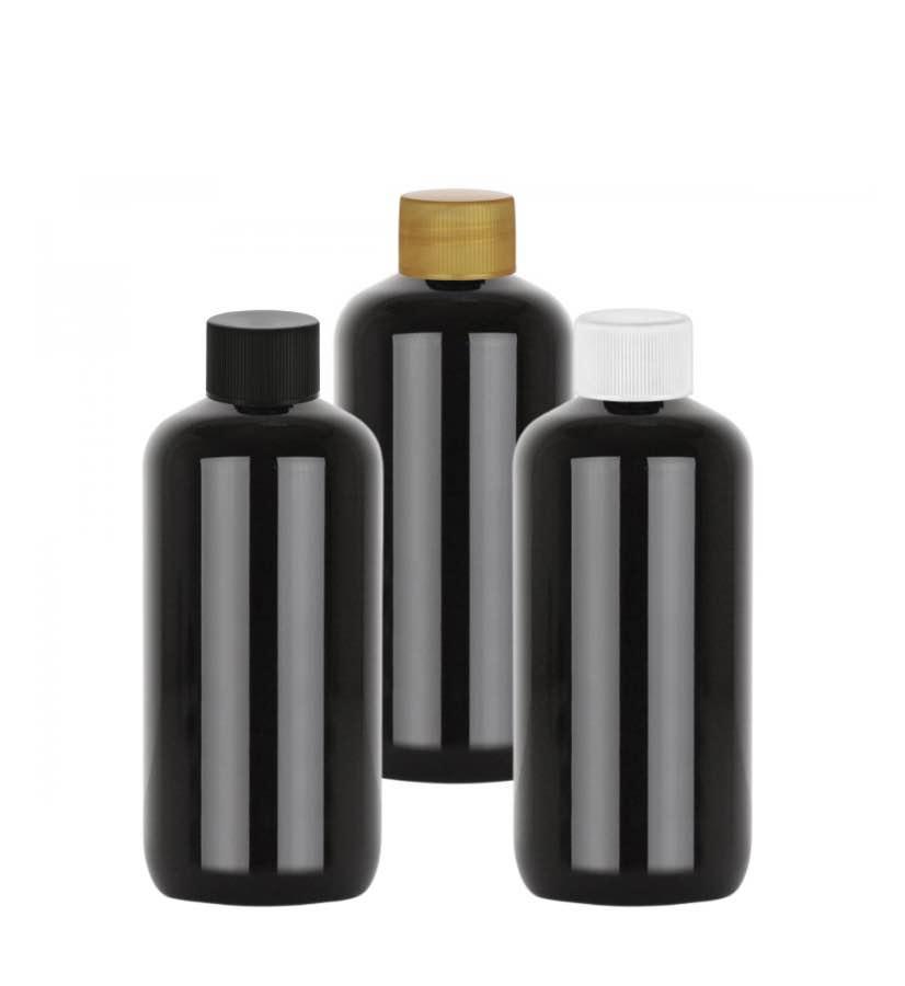 12 oz. Black Boston Round 24-410 PET Opaque Shiny Plastic Bottle-CT Cap