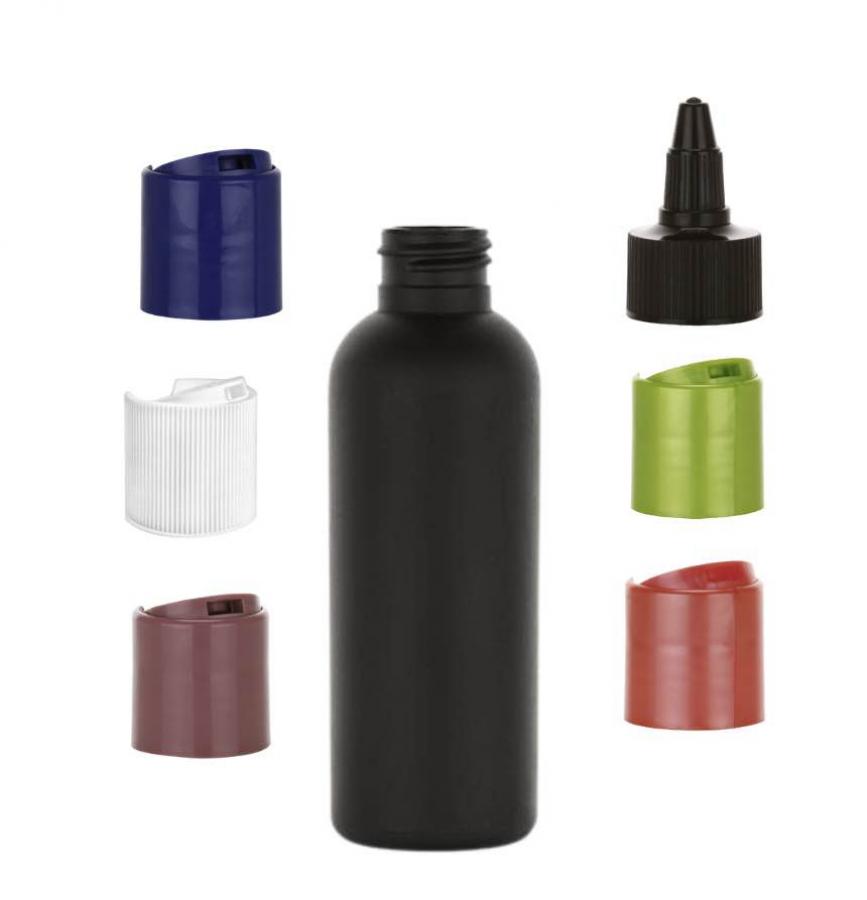 3.33 oz. Black Bullet Round (100 ML) 24-410 HDPE Opaque Plastic Bottle-Colored Dispensing Lid