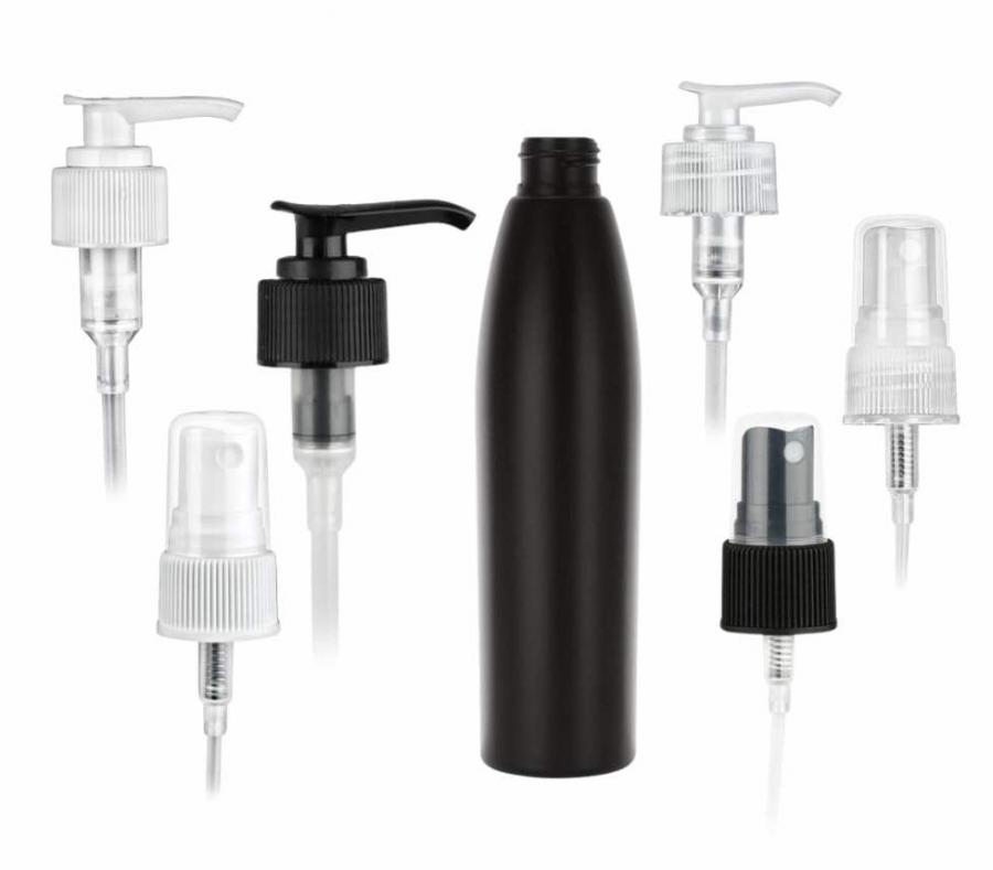8 oz. Black Tapered Bullet Round 24-410 HDPE Opaque Plastic Bottle-Lotion Pump 2 cc OP or Sprayer