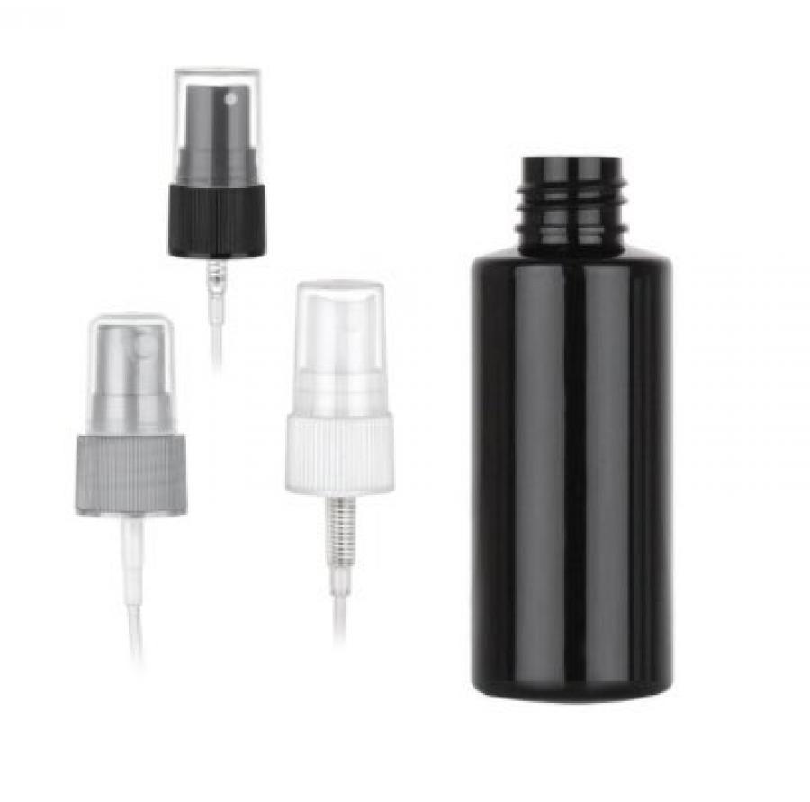 2 oz. Black 20-410 PET Shiny Opaque Plastic Cylinder Round Bottle-FM Sprayer (MPCH)