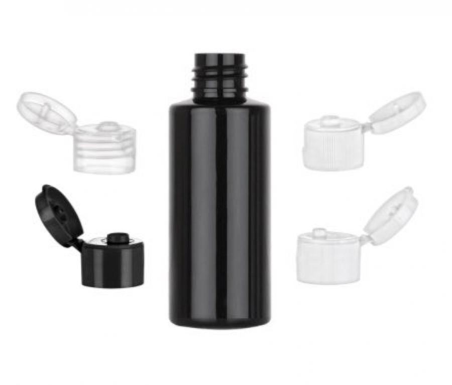 2 oz. Black 20-410 PET Shiny Opaque Plastic Cylinder Round Bottle-Flip Top Cap (MPCH)