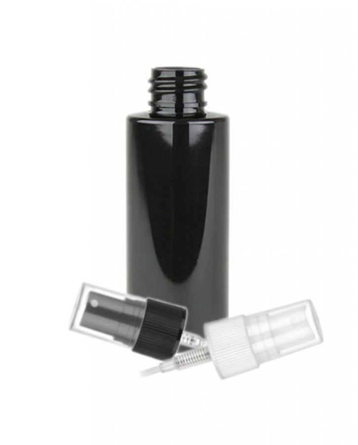 2 oz. Black 20-410 PET Shiny Opaque Plastic Cylinder Round Bottle-FM Sprayer (King)