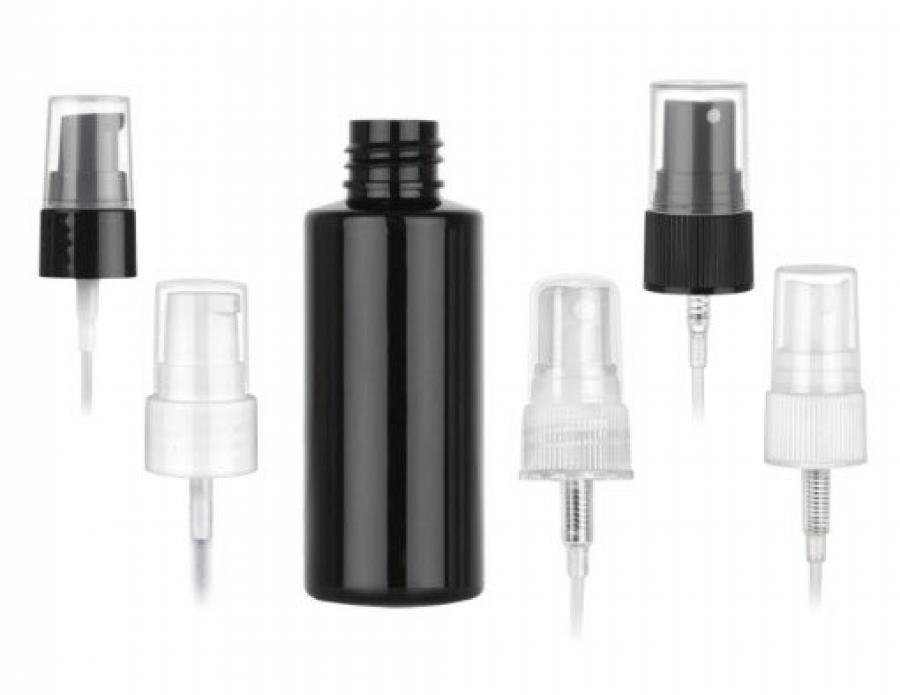 2 oz. Black 20-410 PET Shiny Opaque Plastic Cylinder Round Bottle-FM Sprayer or Treatment Pump (MPCH)