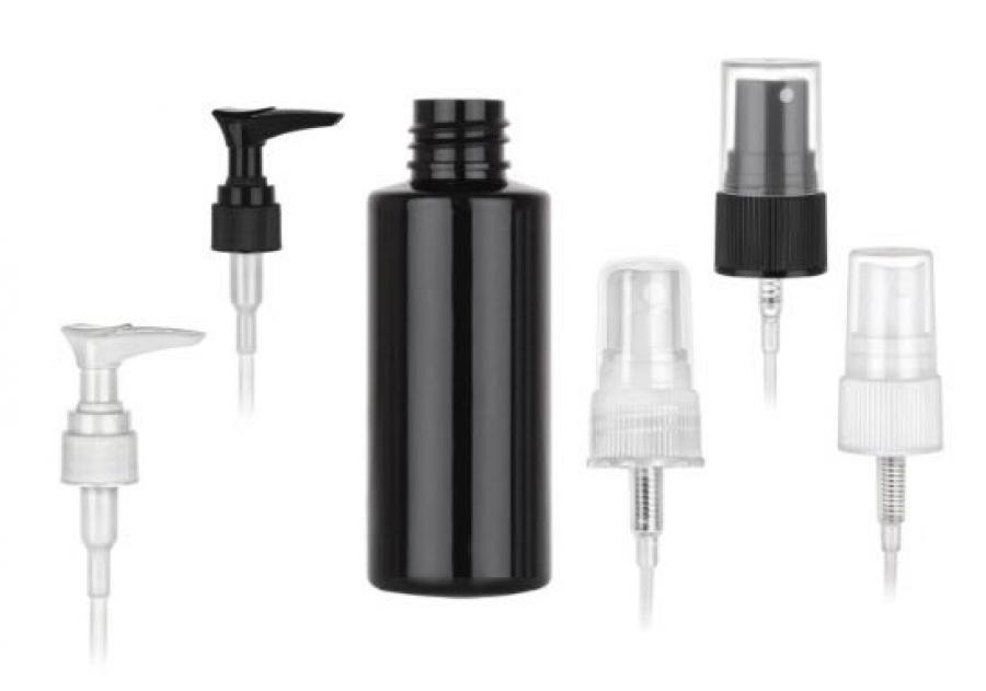 2 oz. Black 20-410 PET Shiny Opaque Plastic Cylinder Round Bottle-FM Sprayer or Lotion Pump (MPCH)