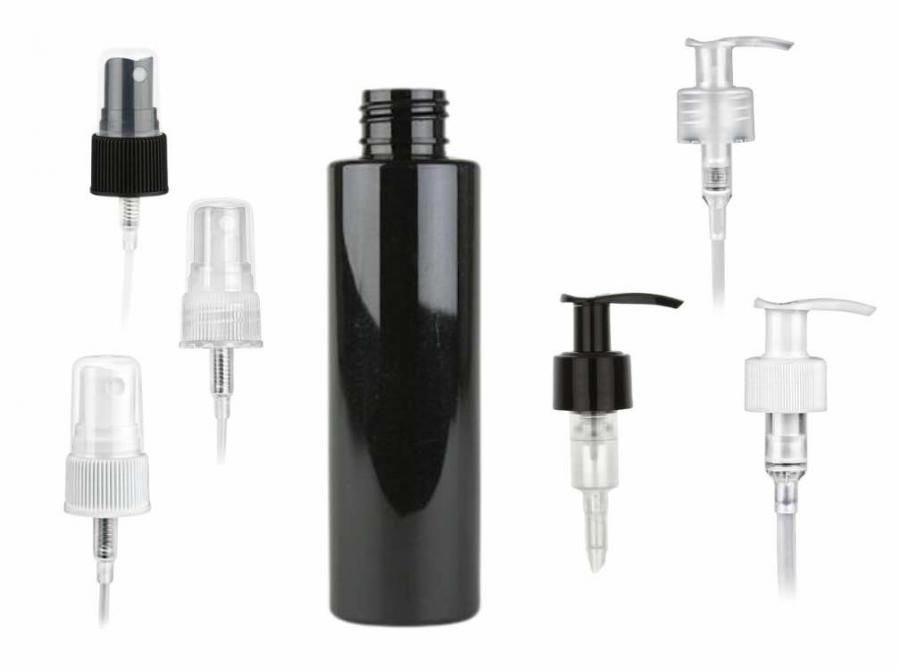 4 oz. Black Shiny 24-410 PET (BPA Free) Plastic Cylinder Round Bottle-LU Lotion Pump or FM Sprayer