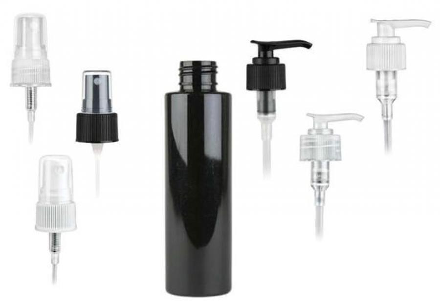 4 oz. Black Shiny 24-410 PET (BPA Free) Plastic Cylinder Round Bottle-LD Lotion Pump or FM Sprayer