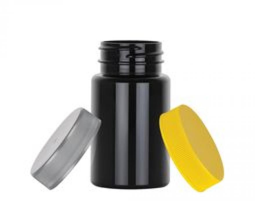 2.5 oz. Black PET Packer 38-400 Round (75 cc) Plastic Bottle-Gloss Finish-Non Dispensing Cap