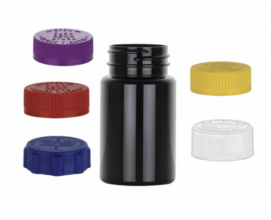2.5 oz. Black PET Packer 38-400 Round (75 cc) Plastic Bottle-Gloss Finish-CRC Cap