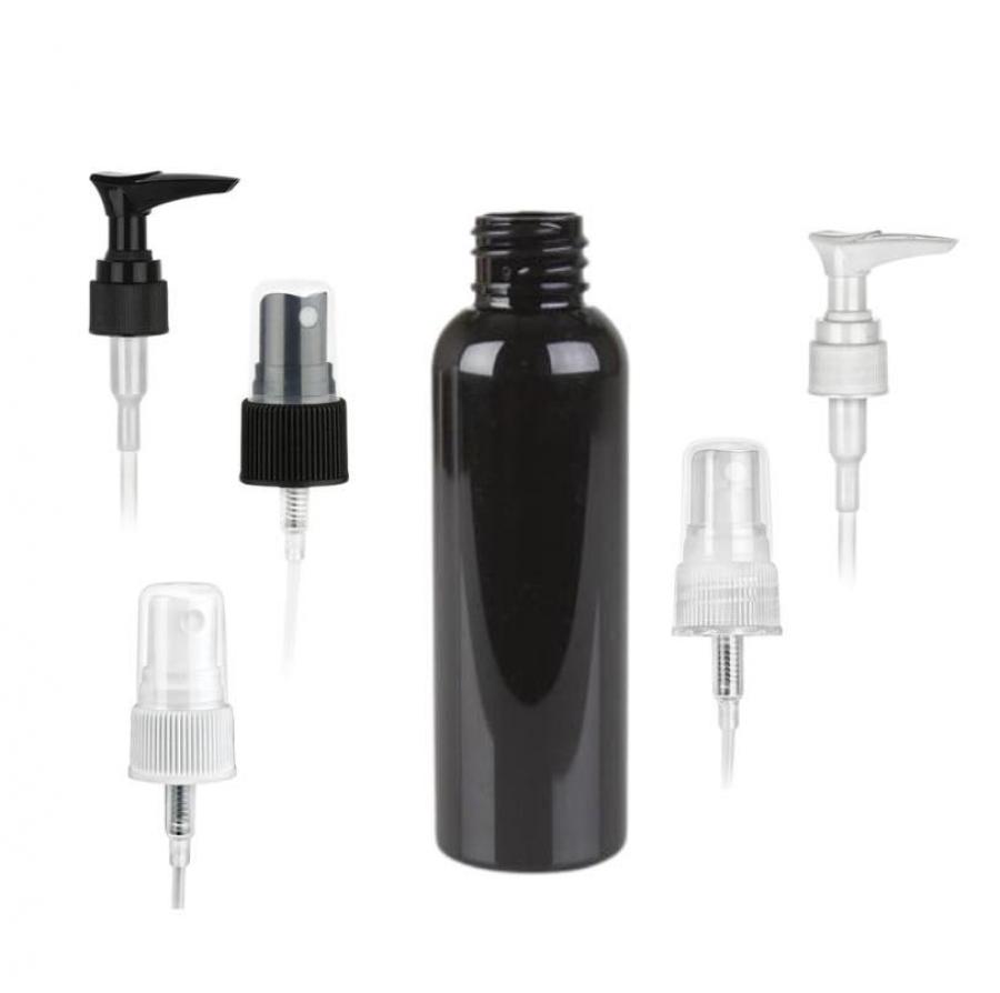 2 oz. Black 20-410 Round Bullet PET Opaque Plastic Bottle Gloss Finish-Lotion Pump or FM Sprayer-Stock