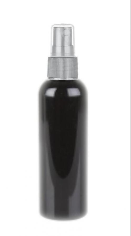 2 oz. Black 20-410 Round Bullet PET Opaque Plastic Bottle Gloss Finish-FM Sprayer (King)